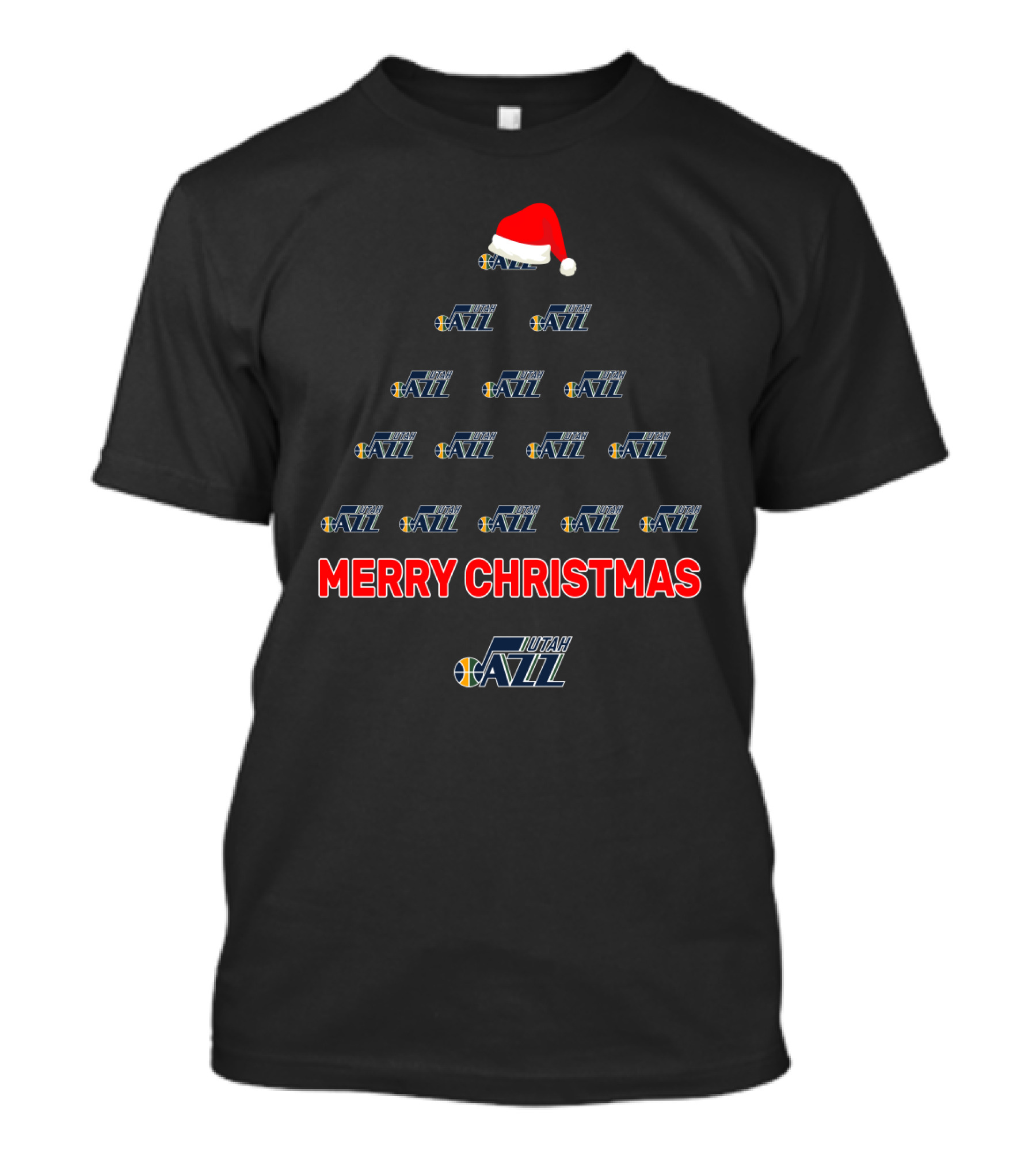 Utah Jazz Merry Christmas Tree With Logo And Santa Hat T-Shirt