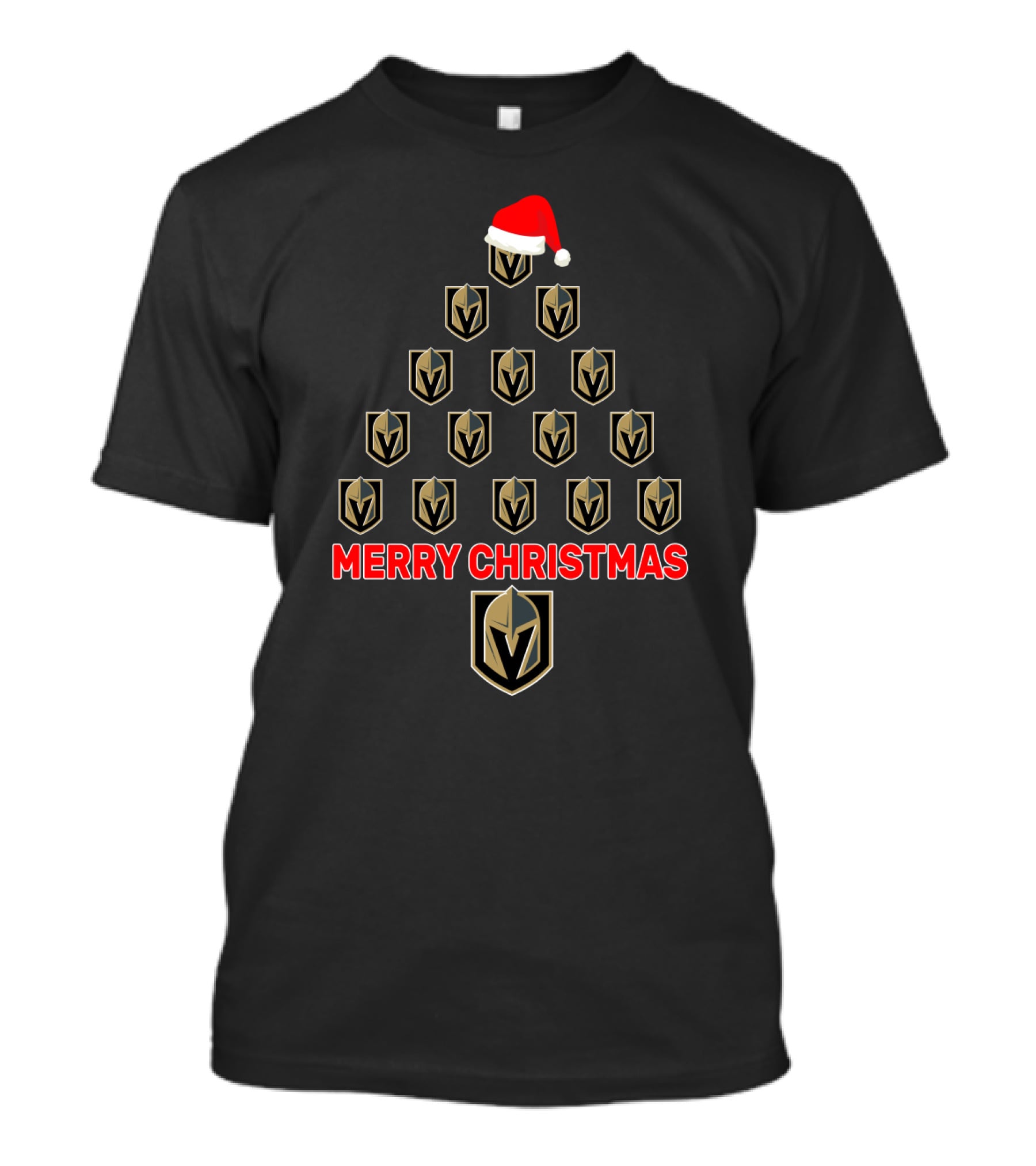 Merry Christmas Vegas Golden Knights Fans Tree With Santa Hat T-Shirt