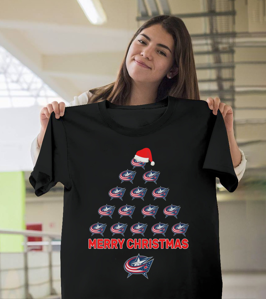 Columbus Blue Jackets Christmas Tree with Santa Hat and Merry Christmas Message T-Shirt
