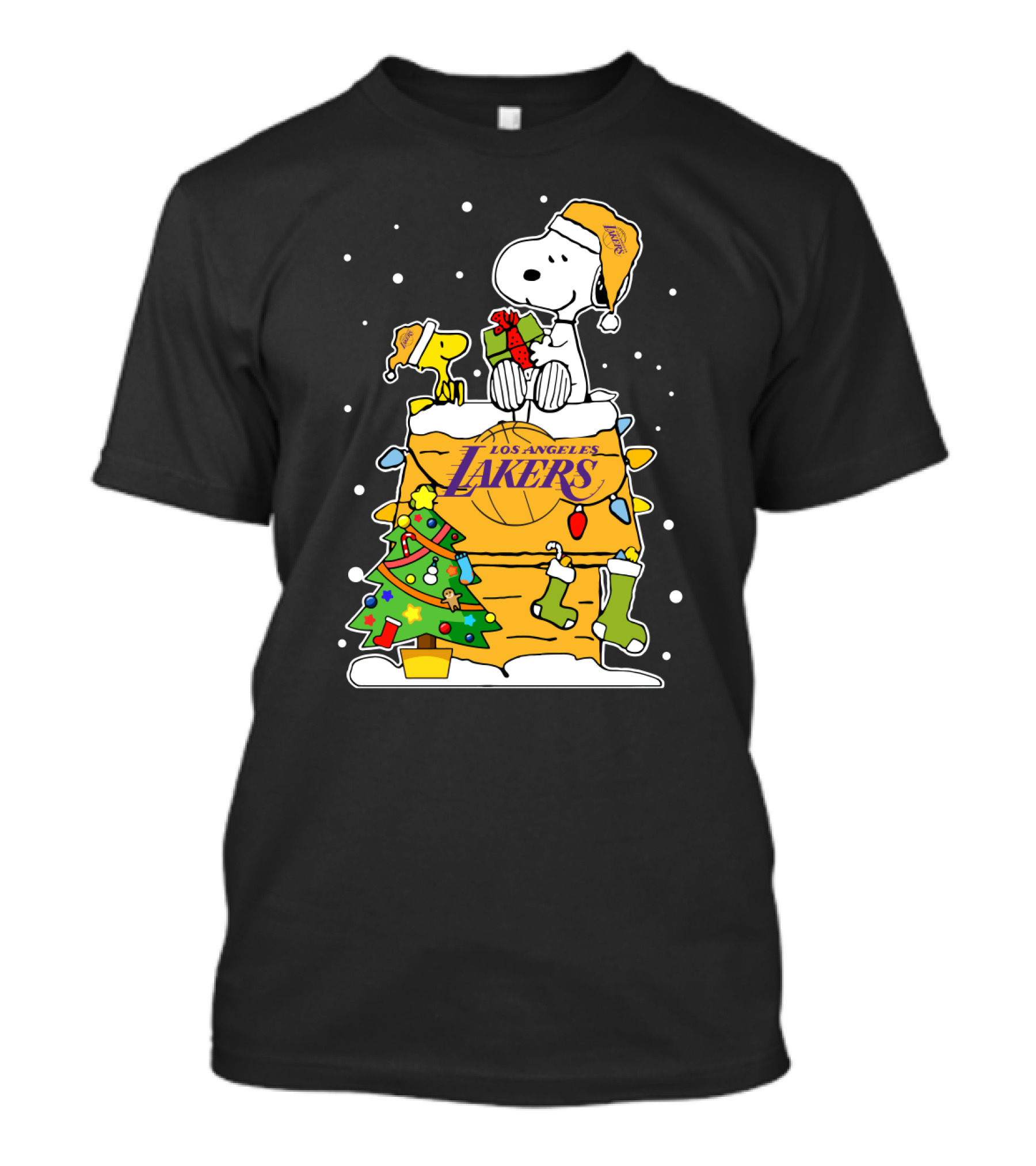 Los Angeles Lakers Christmas Snoopy And Woodstock Holiday Scene T-Shirt