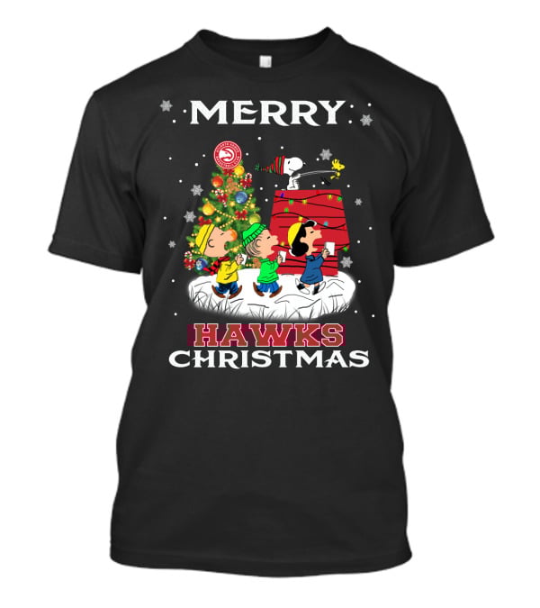 Merry Atlanta Hawks Christmas With Snoopy And Peanuts Holiday Scene T-Shirt