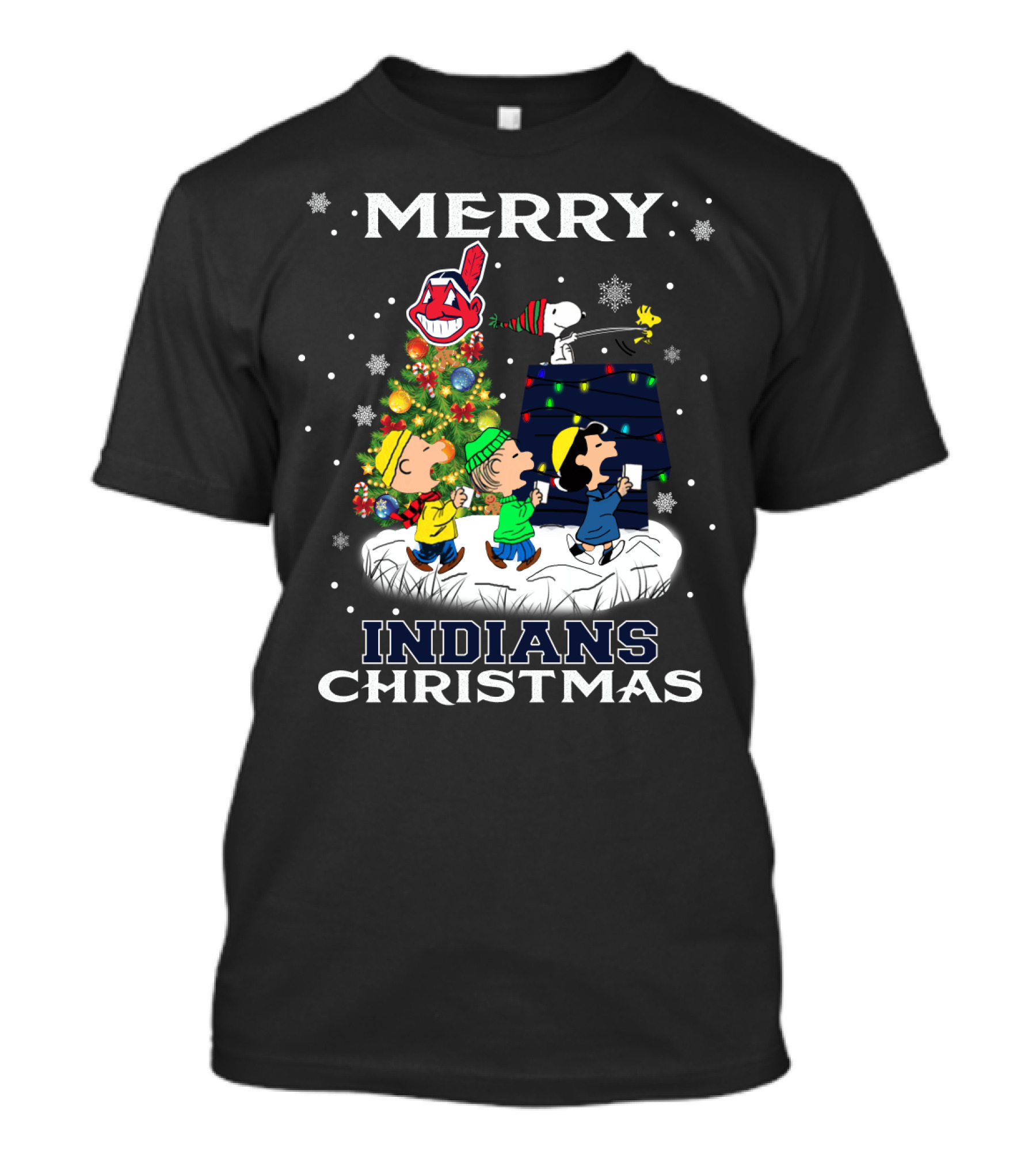 Merry Cleveland Indians Christmas Snoopy And Peanuts Cartoons Holiday T-Shirt