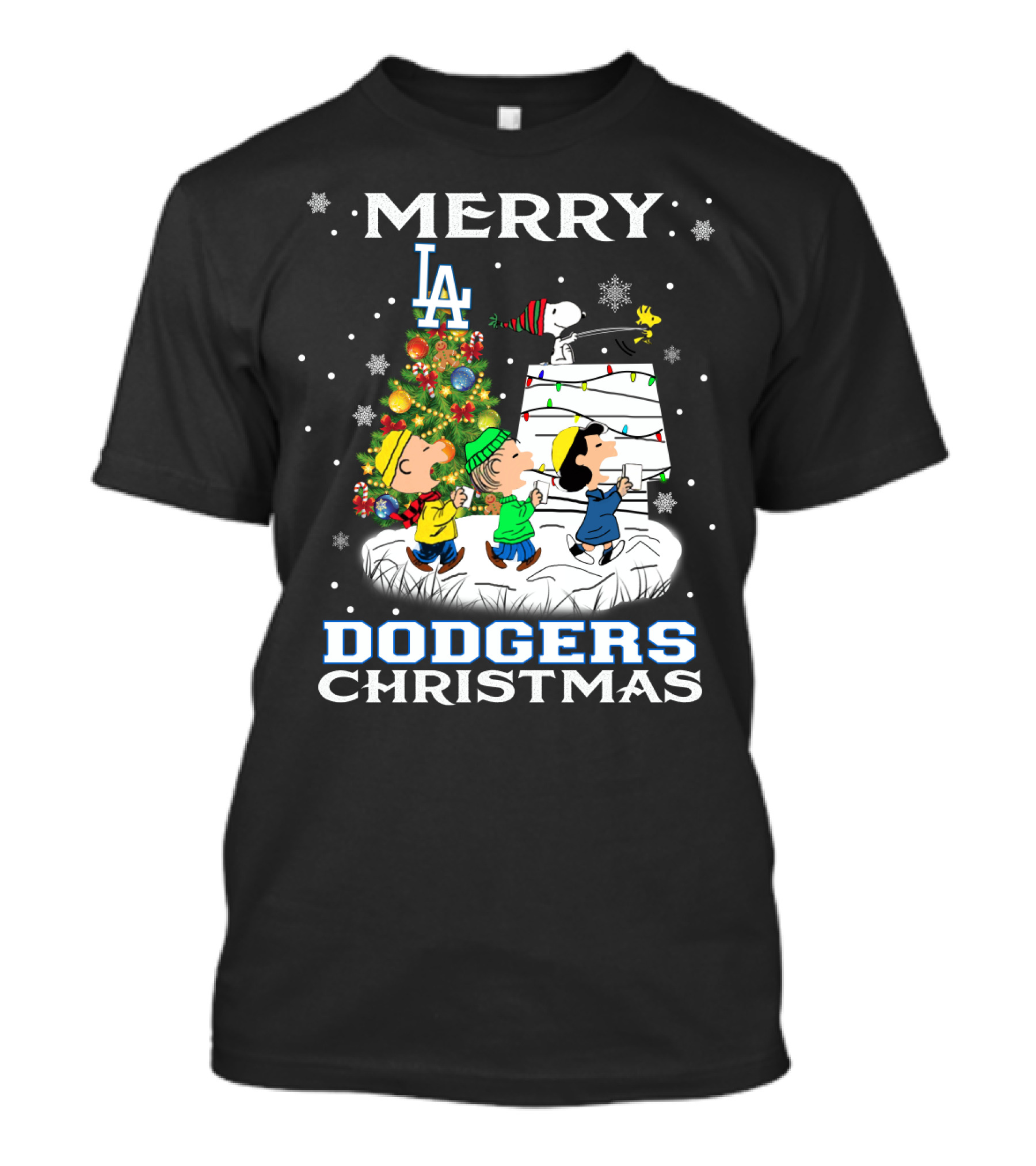 Merry Los Angeles Dodgers Christmas With Snoopy And Peanuts Holiday Scene T-Shirt