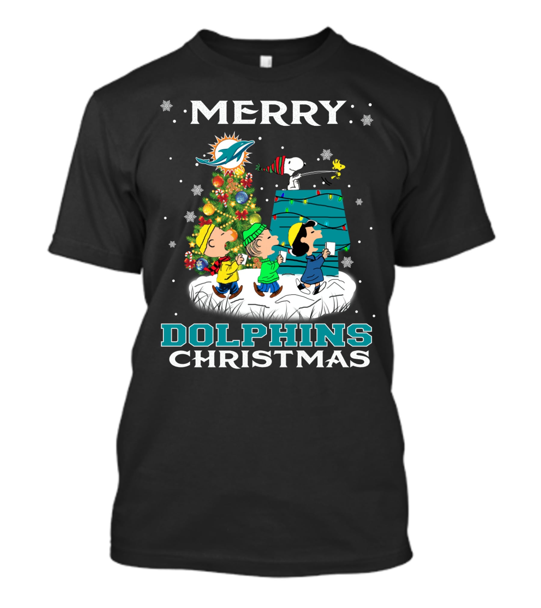 Merry Miami Dolphins Christmas With Snoopy And Woodstock Holiday Scene T-Shirt