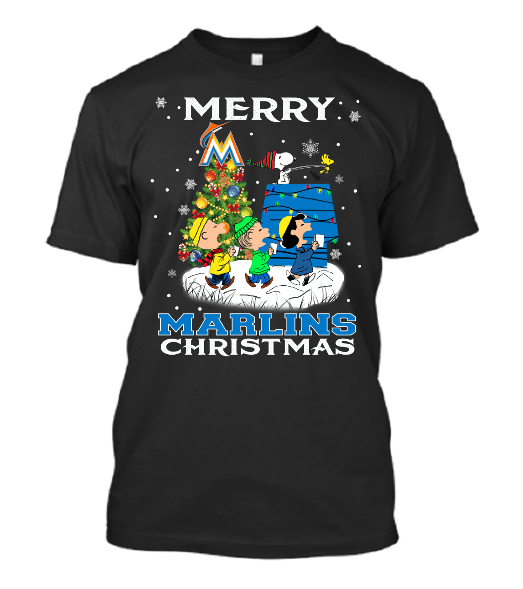 Merry Miami Marlins Christmas Featuring Peanuts Snoopy Woodstock Caroling T-Shirt