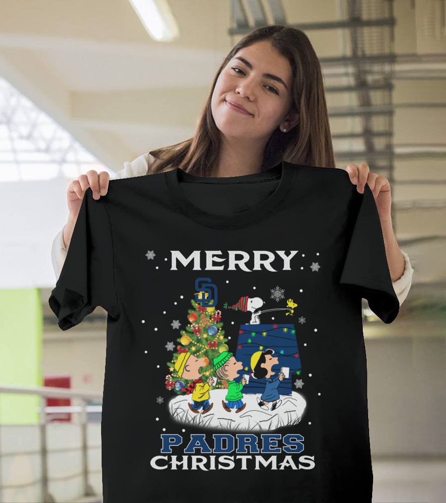 Merry San Diego Padres Christmas Featuring Snoopy and Peanuts Characters T-Shirt