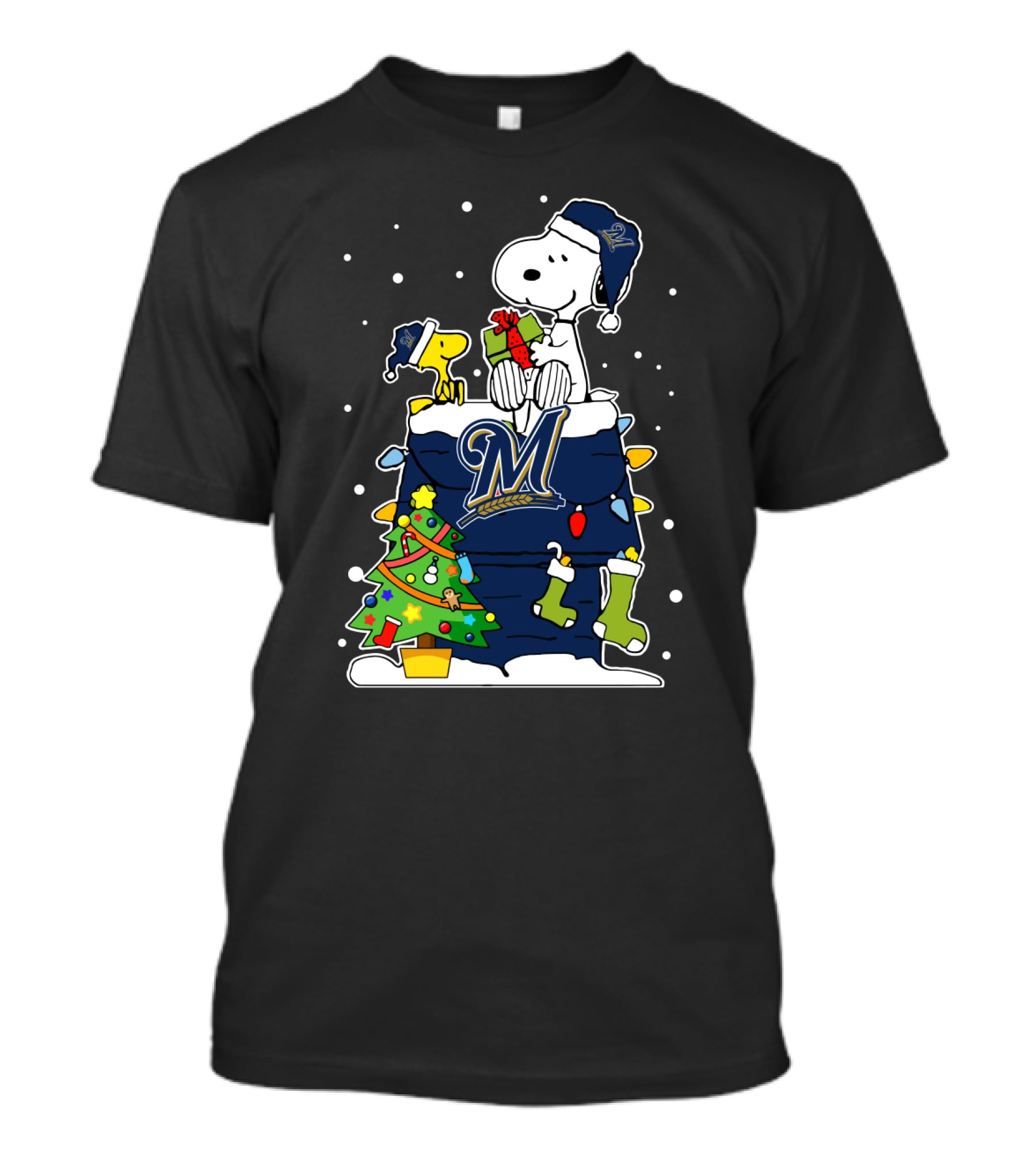 Milwaukee Brewers Snoopy Christmas With Tree And Presents T-Shirt