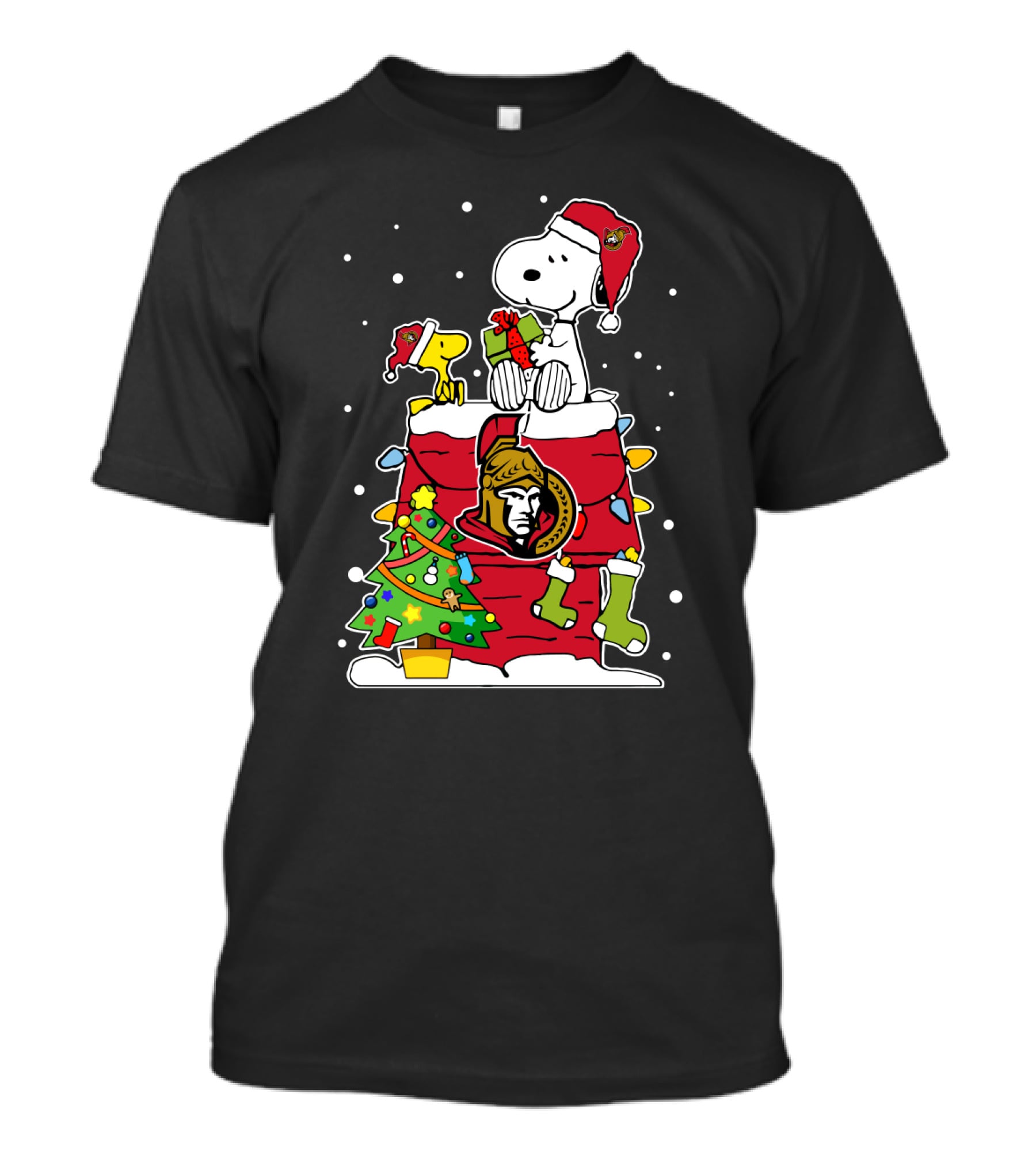 Ottawa Senators Snoopy Christmas Theme With Santa Hats And Presents T-Shirt