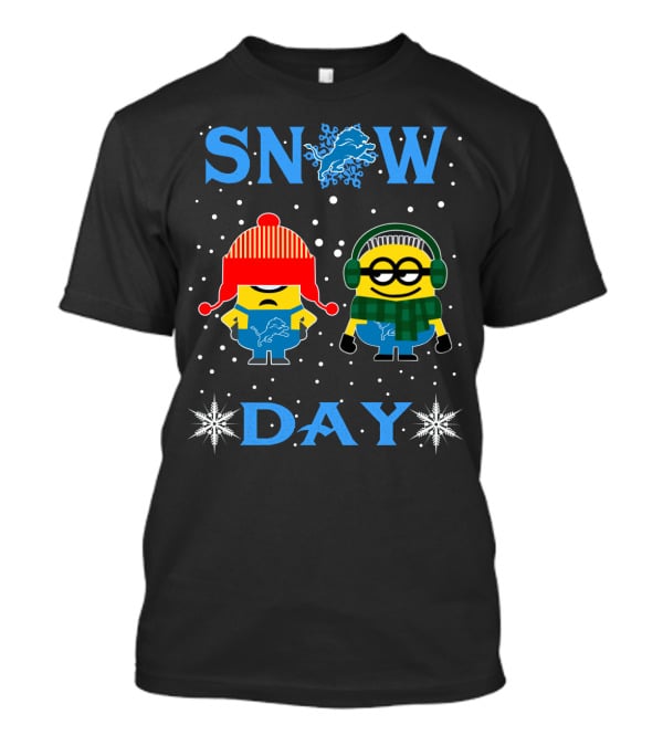 Snow Day With Detroit Lions Logo And Minions In Winter Gear T-Shirt