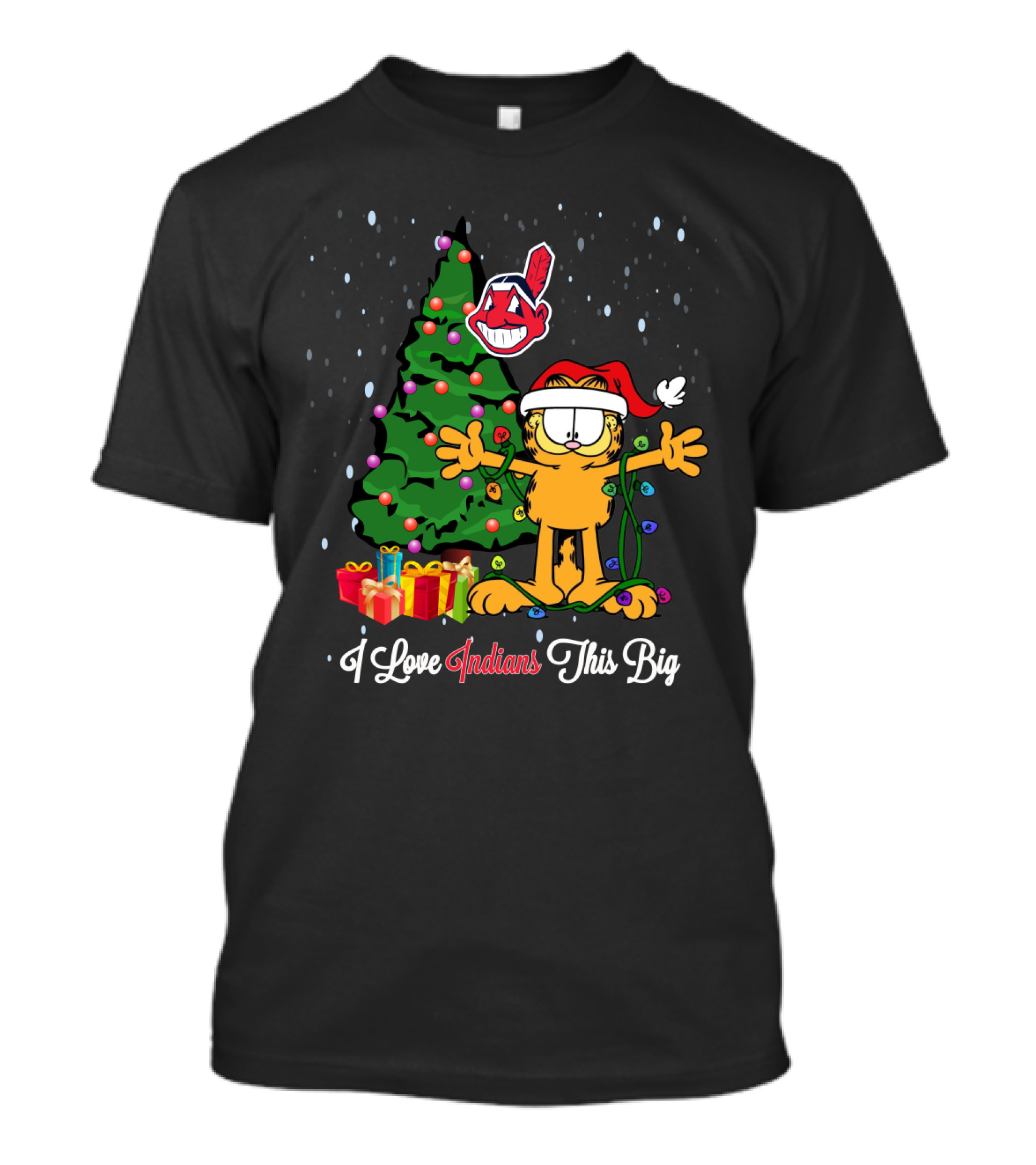 Garfield Christmas Theme I Love Indians This Big With Cleveland Indians Logo And Festive Tree T-Shirt