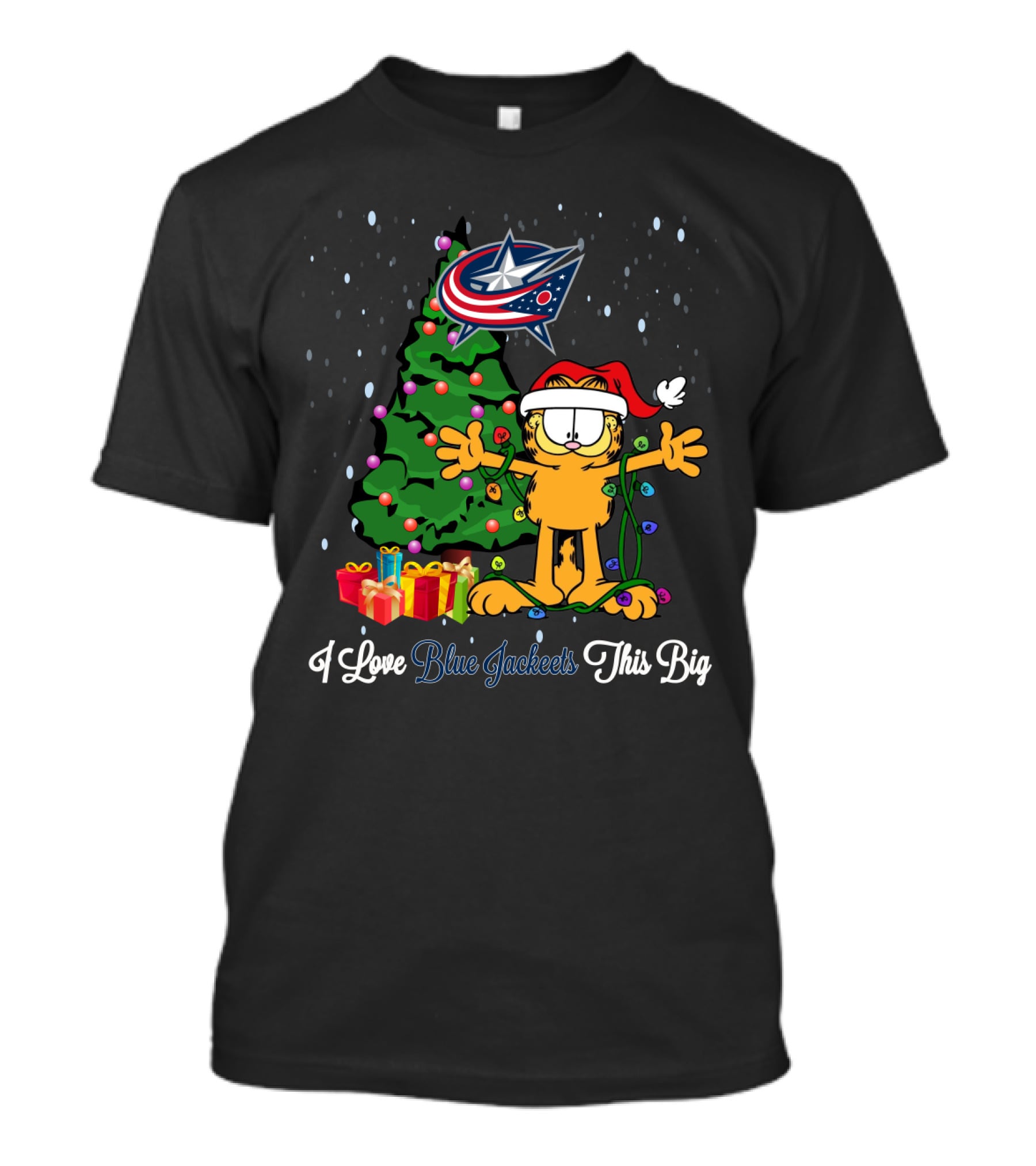 I Love Columbus Blue Jackets Garfield Christmas Tree Santa Hat Presents This Big T-Shirt