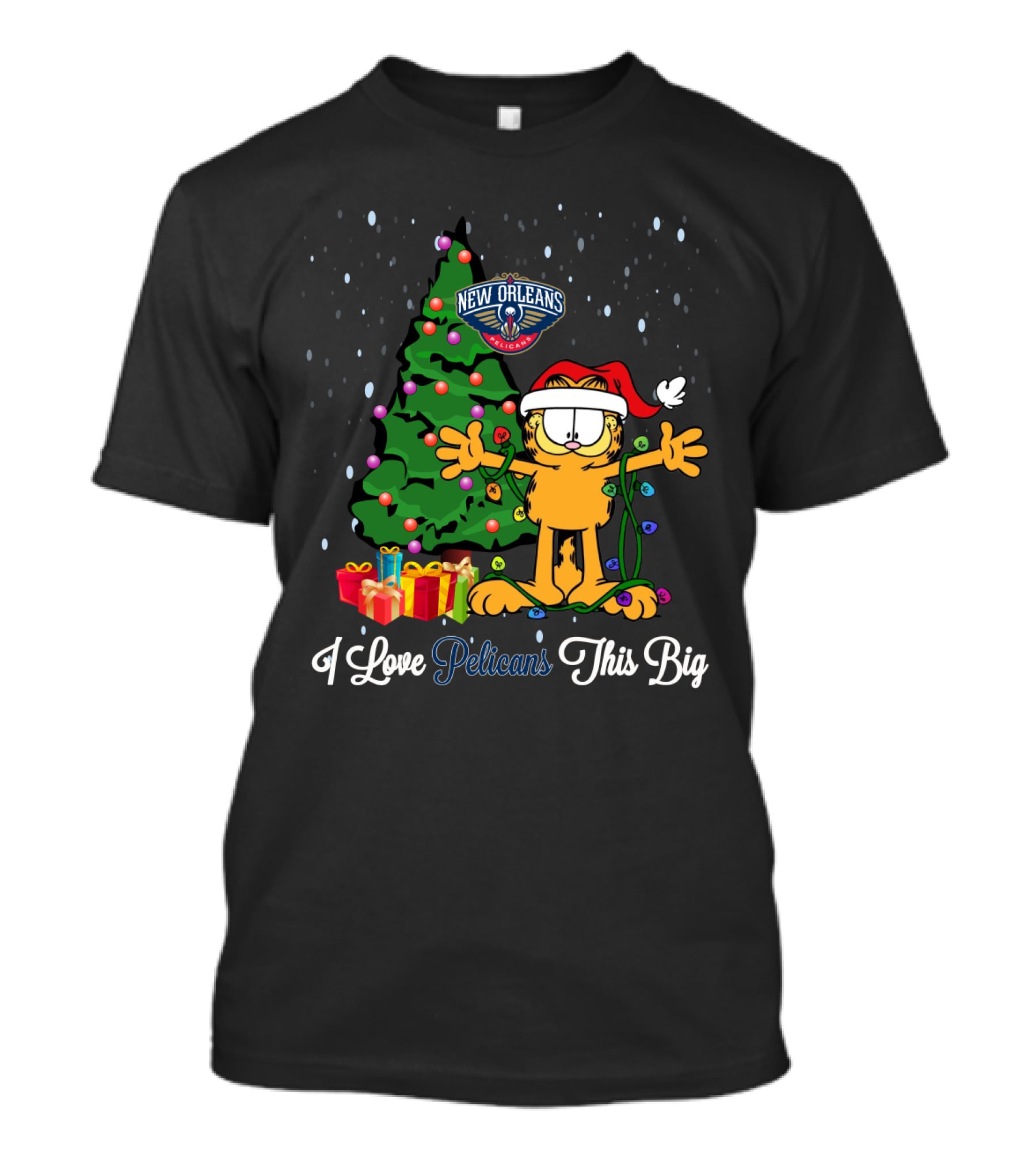 I Love Pelicans This Big Xmas Garfield Cat New Orleans Pelicans T-Shirt