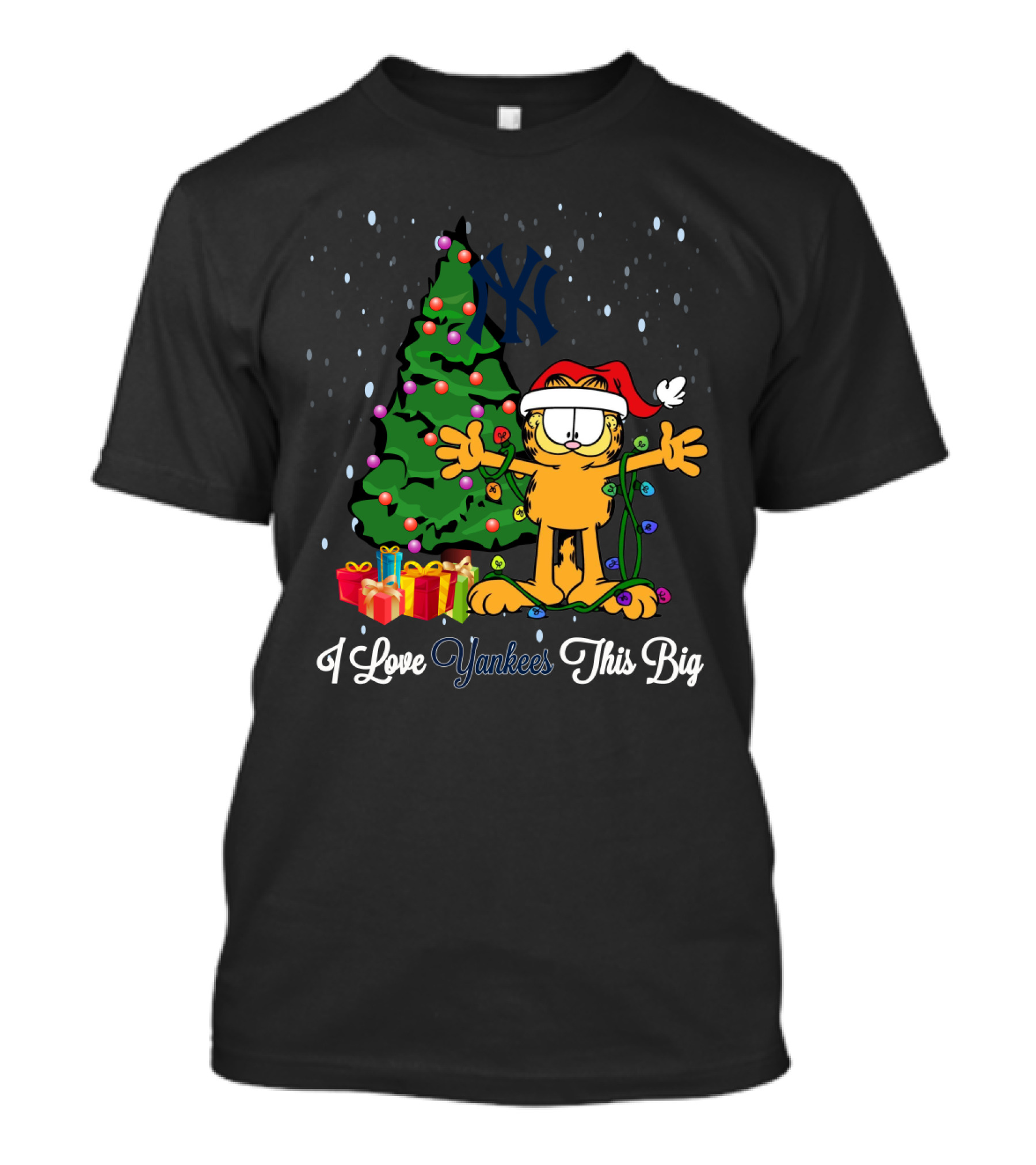 I Love Yankees This Big Xmas Garfield Cat New York Yankees Holiday Tree T-Shirt