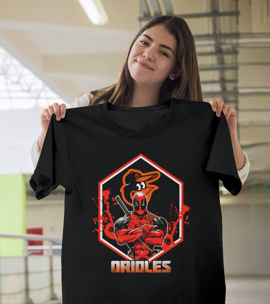 Deadpool with Baltimore Orioles Bird Logo Orioles Fan T-Shirt