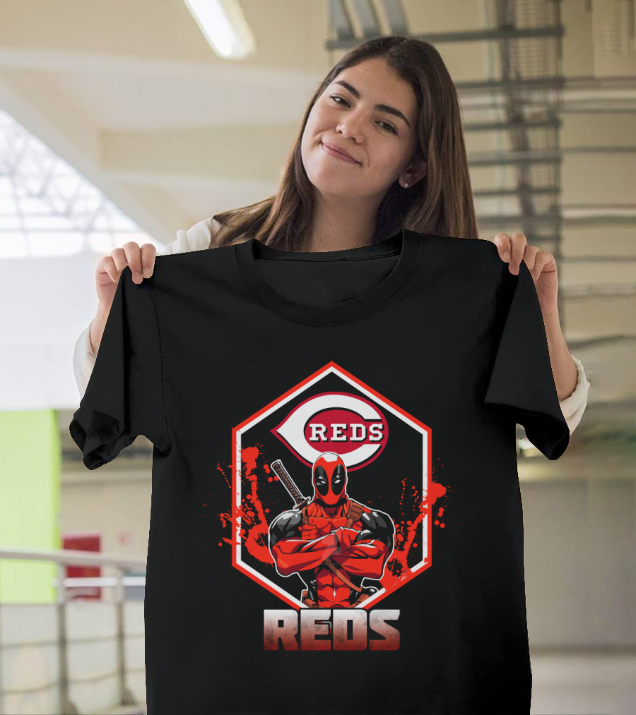 Deadpool With Cincinnati Reds Logo And Sword-Crossed Arms In Iconic Red And Black T-Shirt