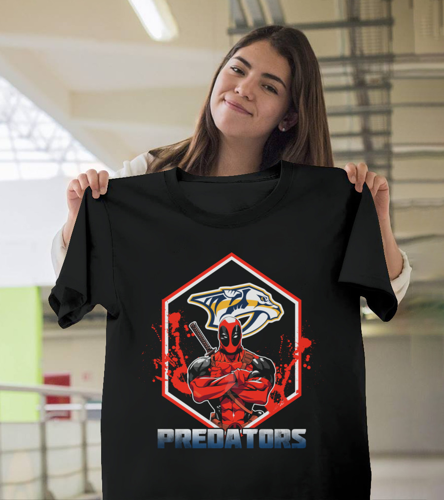 Deadpool Crossing Arms in Front of Nashville Predators Logo with Red Splatter Background T-Shirt