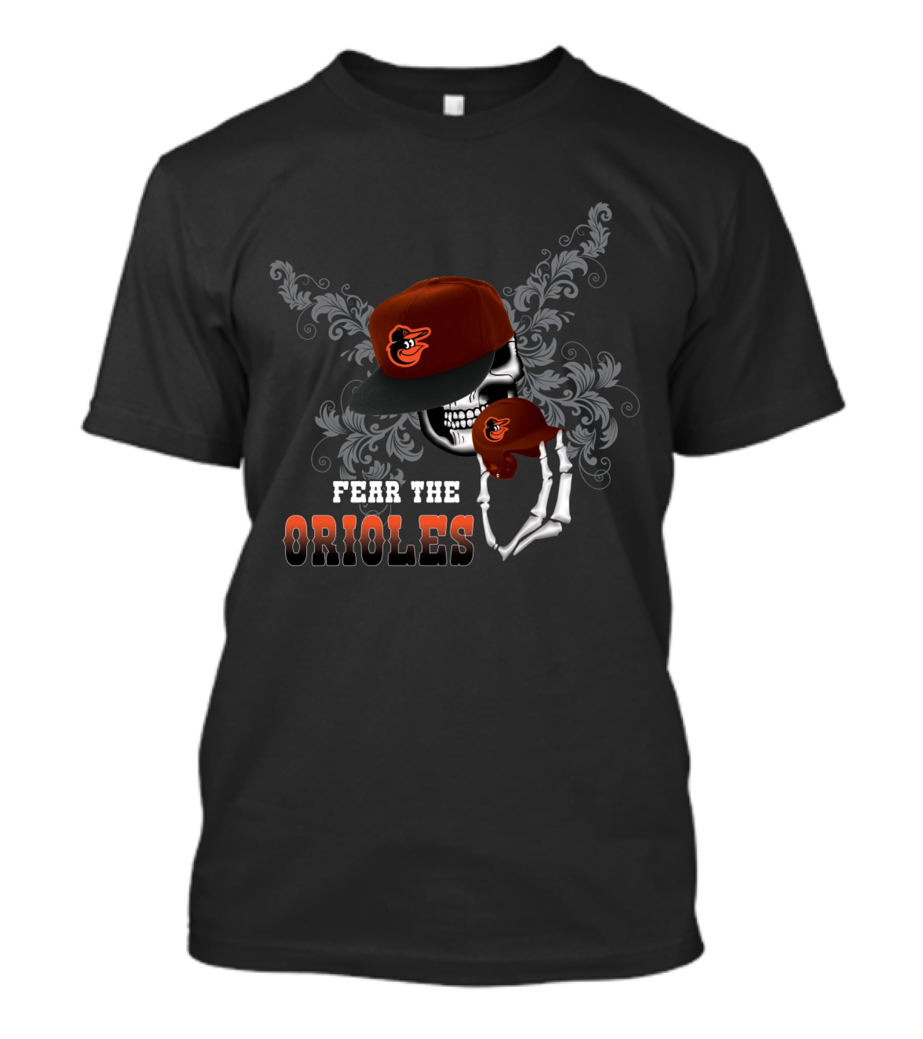 Fear The Orioles Skull Orioles Cap Skeleton Hand T-Shirt