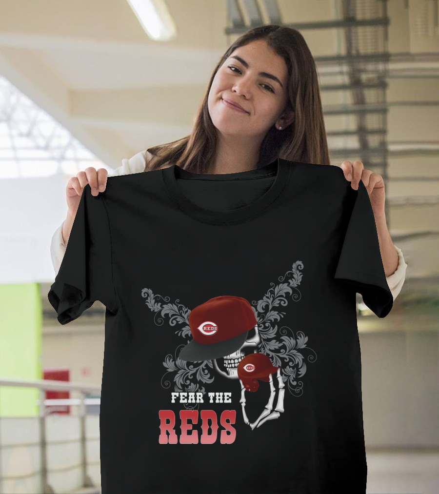 Fear The Cincinnati Reds Skull Skeleton With Red Cap And Floral T-Shirt