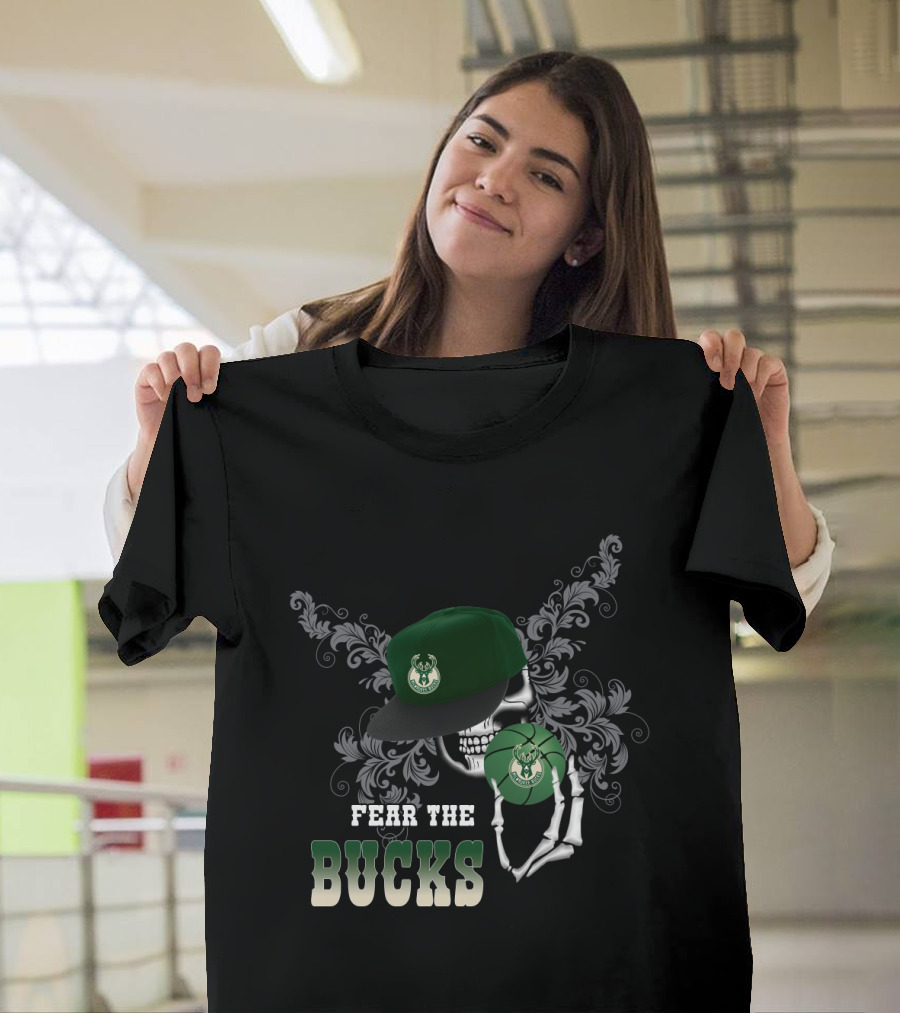Fear The Bucks Skeleton Holding Basketball Milwaukee Bucks Fans T-Shirt