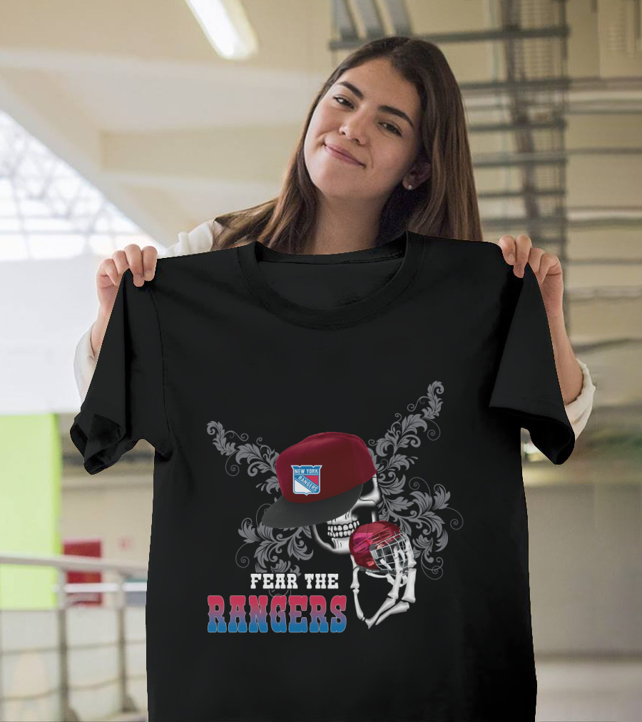Fear the New York Rangers Skull with Hockey Helmet and Cap T-Shirt