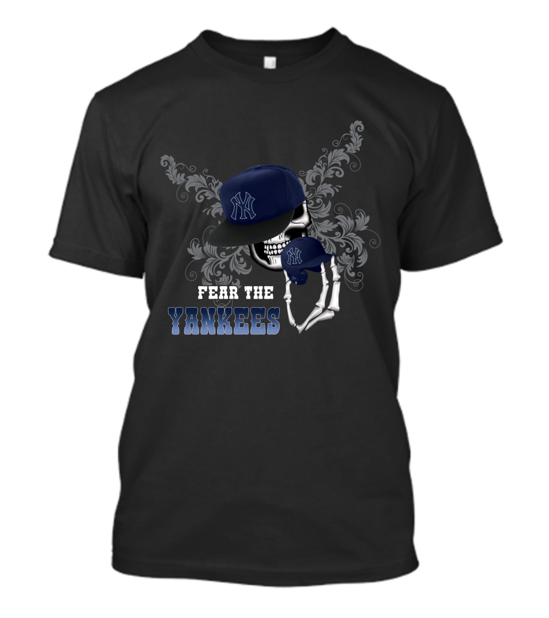 Fear The Yankees Skull And Skeleton Holding Cap T-Shirt