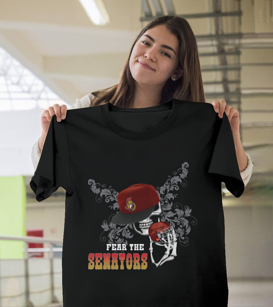 Ottawa Senators Fear The Skull With Hockey Helmet And Floral Background T-Shirt