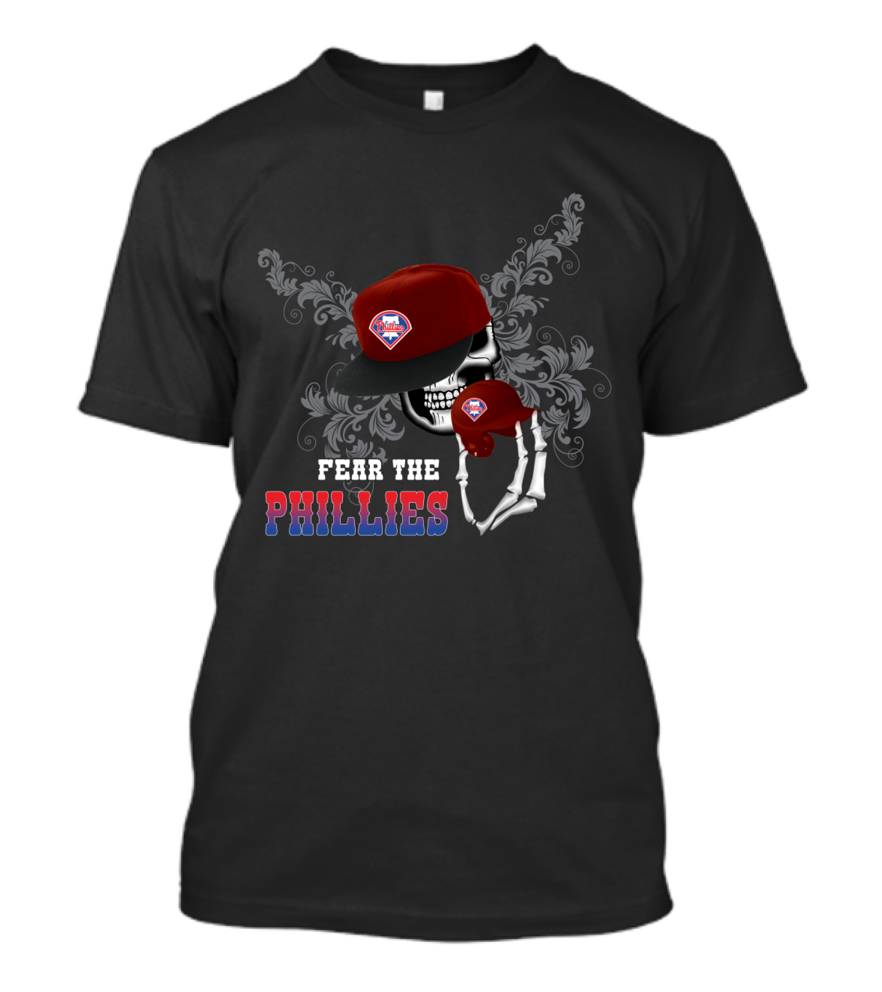 Philadelphia Phillies Skull With Cap And Fear The Phillies Text T-Shirt