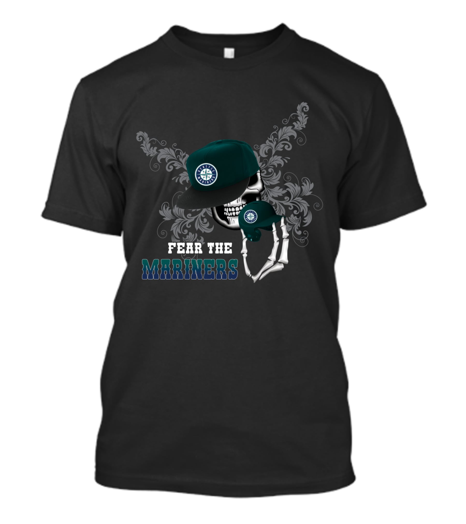 Fear The Mariners Skull With Seattle Mariners Cap T-Shirt