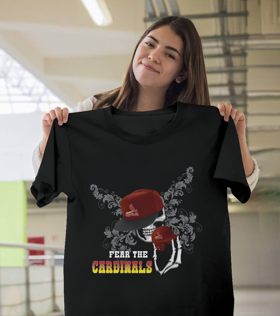 Fear The St. Louis Cardinals Skull with Red Cap and Stylized Floral T-Shirt