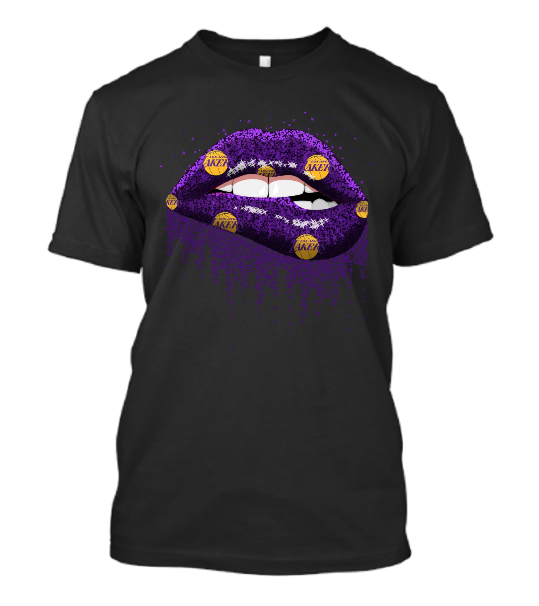 Glitter Purple Lips Decorated With Los Angeles Lakers Basketball Logos For Fans T-Shirt