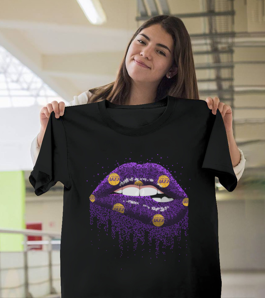 Glitter Purple Lips Decorated With Los Angeles Lakers Basketball Logos For Fans T-Shirt