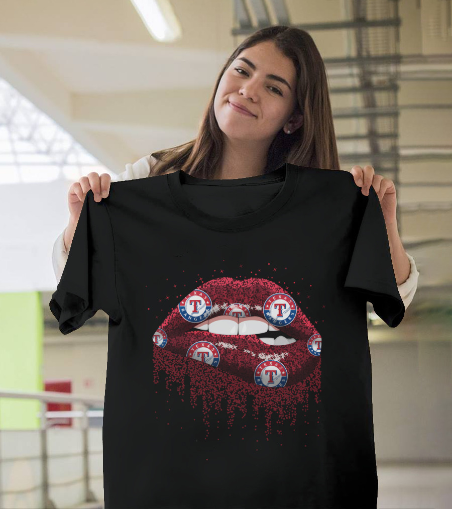 Texas Rangers Glitter Lips Fan Art with Logo T-Shirt
