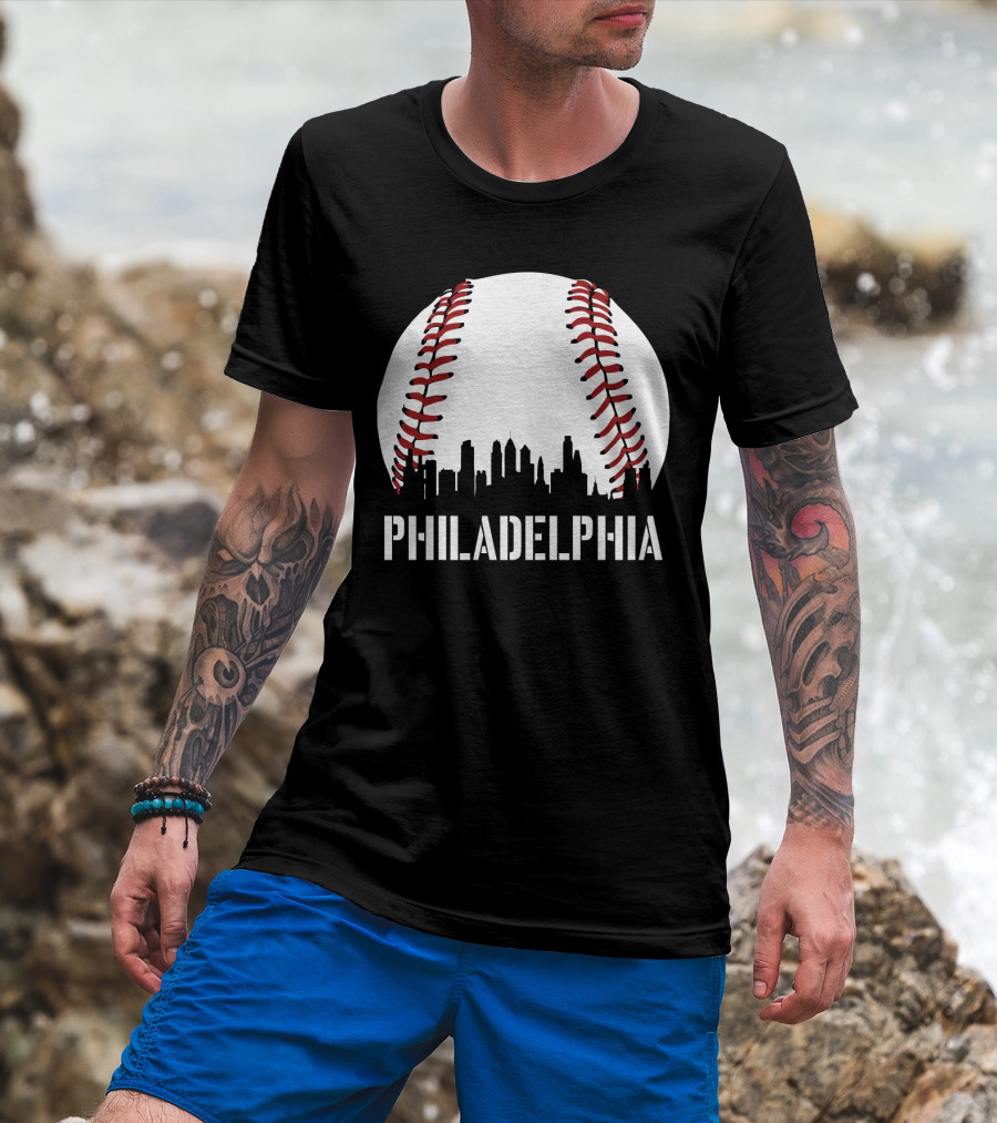 Philadelphia Skyline Baseball Stitching Downtown Philly T-Shirt
