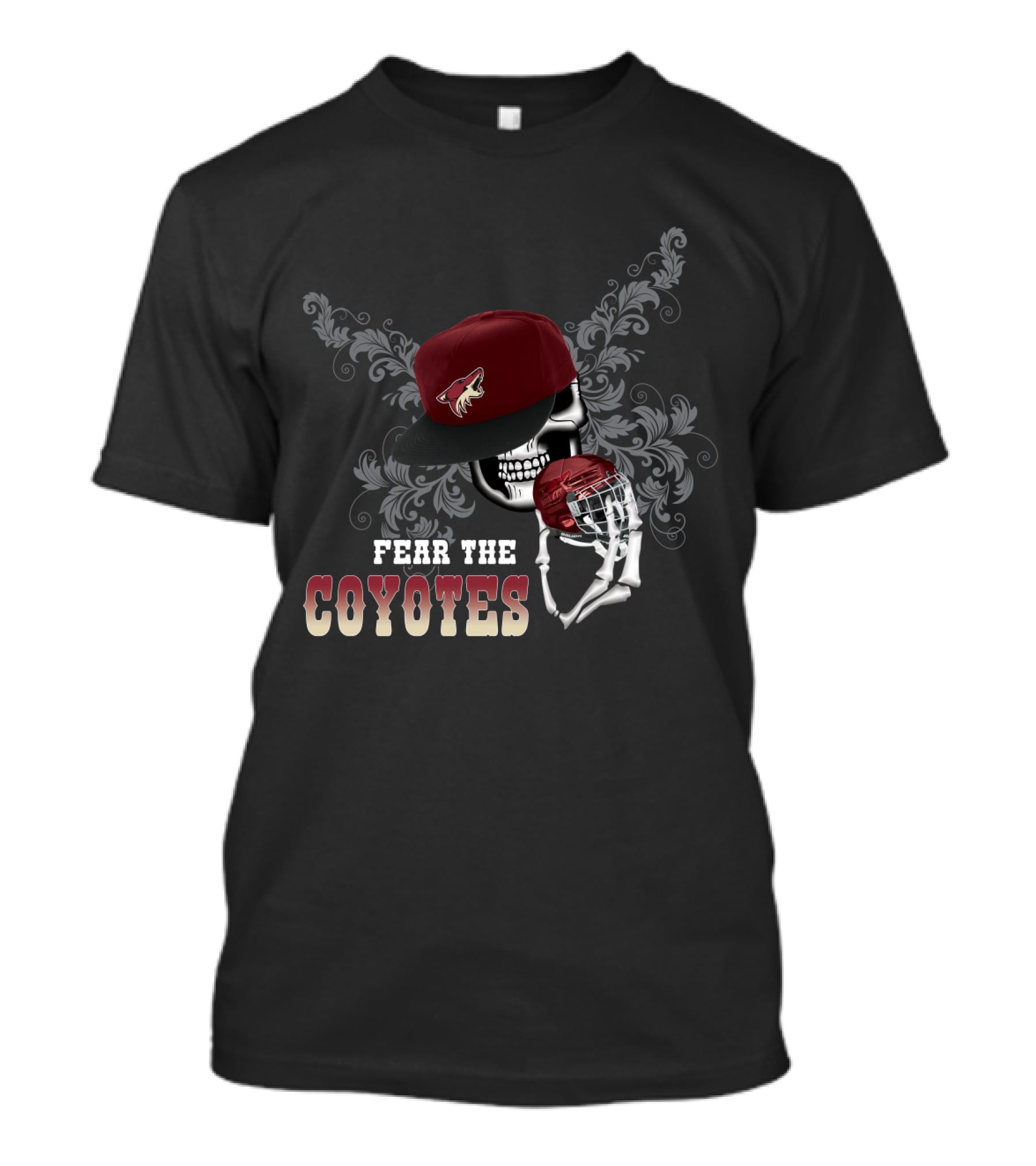 Fear The Coyotes Skull With Hockey Helmet And Hat T-Shirt