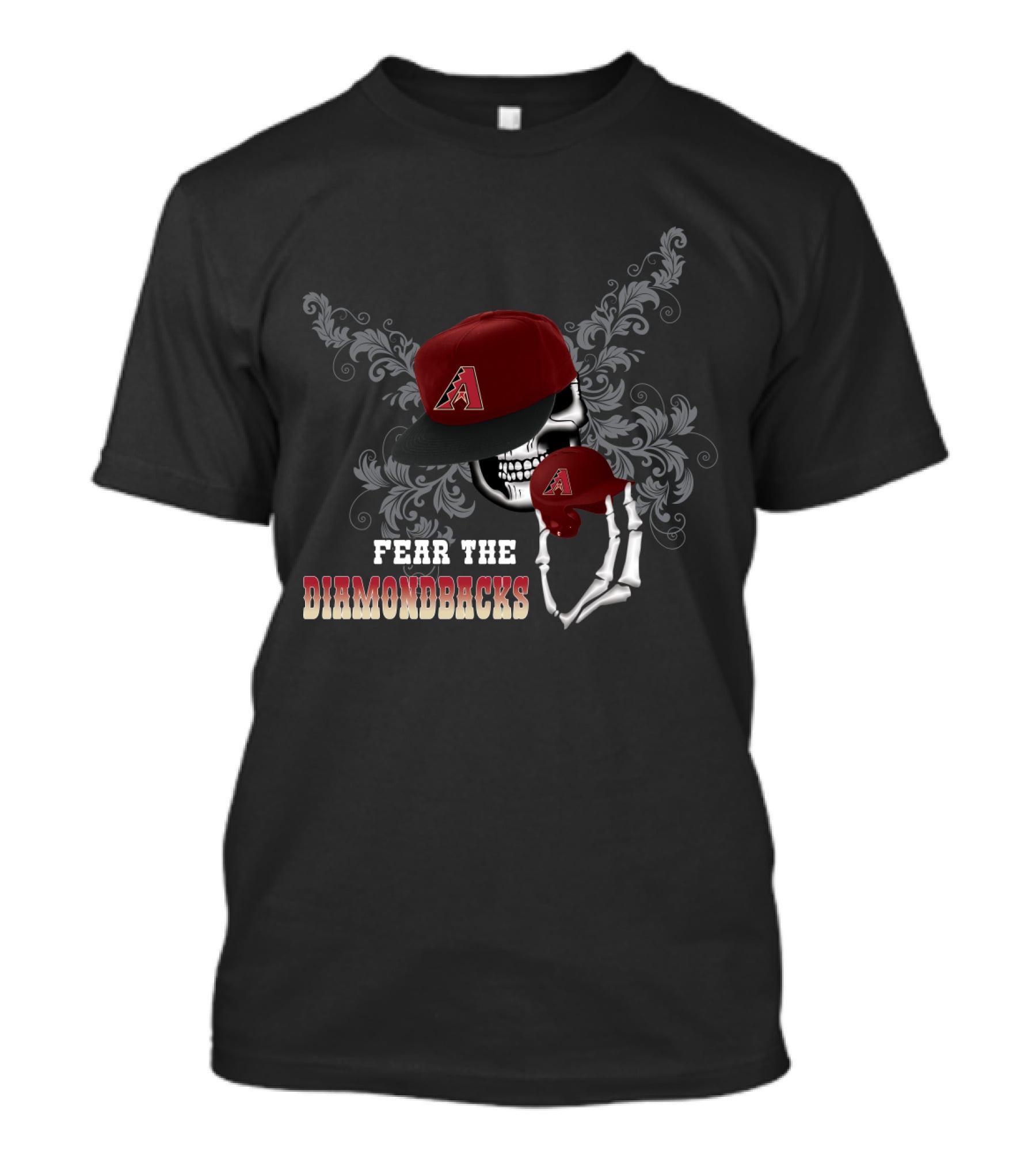 Fear The Arizona Diamondbacks Skull With Baseball Cap And Skeleton Hand T-Shirt