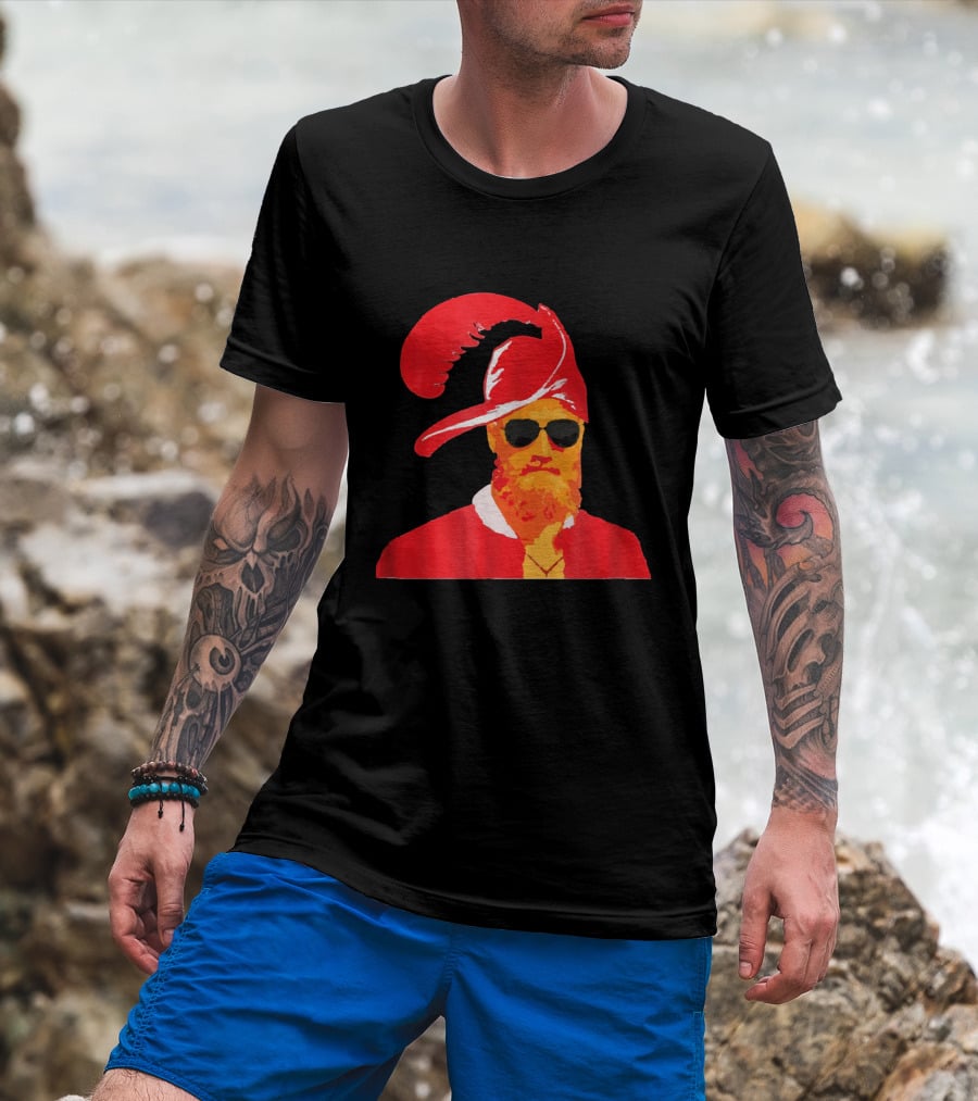 Fitzmagic Pirate Santa With Sunglasses Iconic Beard Red Feather Hat T-Shirt