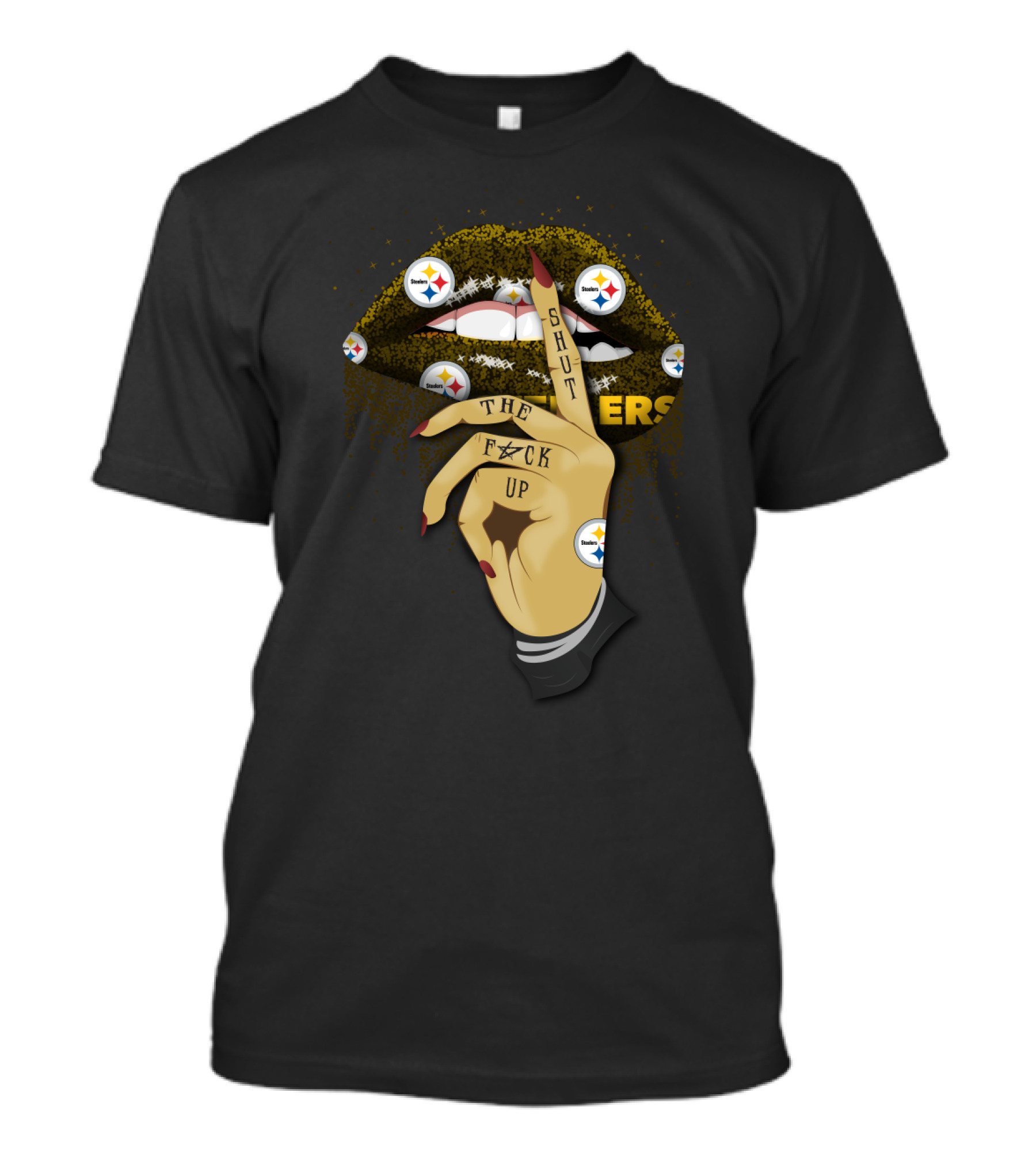 Shut Up Lip With Pittsburgh Steelers Logo And Hand Gesture T-Shirt