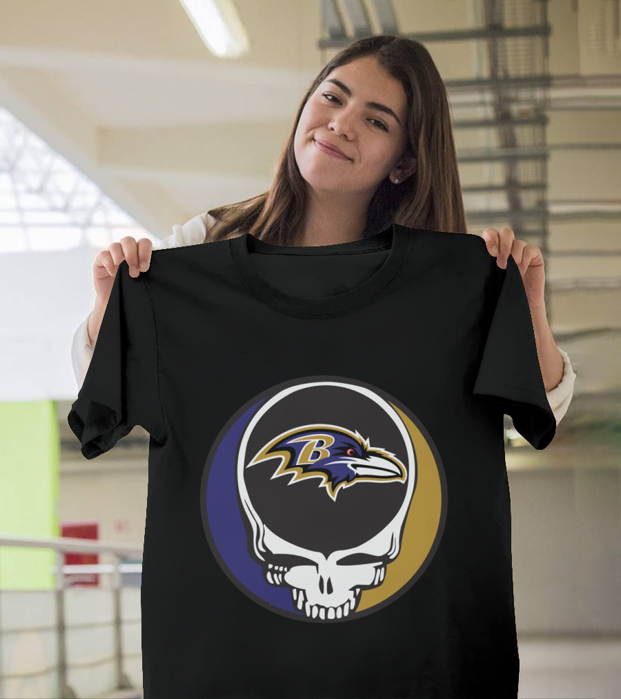 Grateful Dead Skull Logo With Baltimore Ravens Team T-Shirt