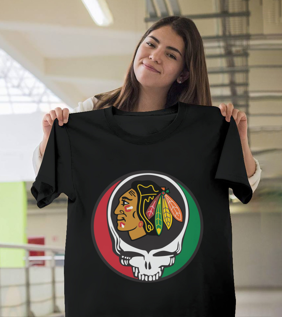 Grateful Dead Skull Chicago Blackhawks Logo Fusion for Fans T-Shirt