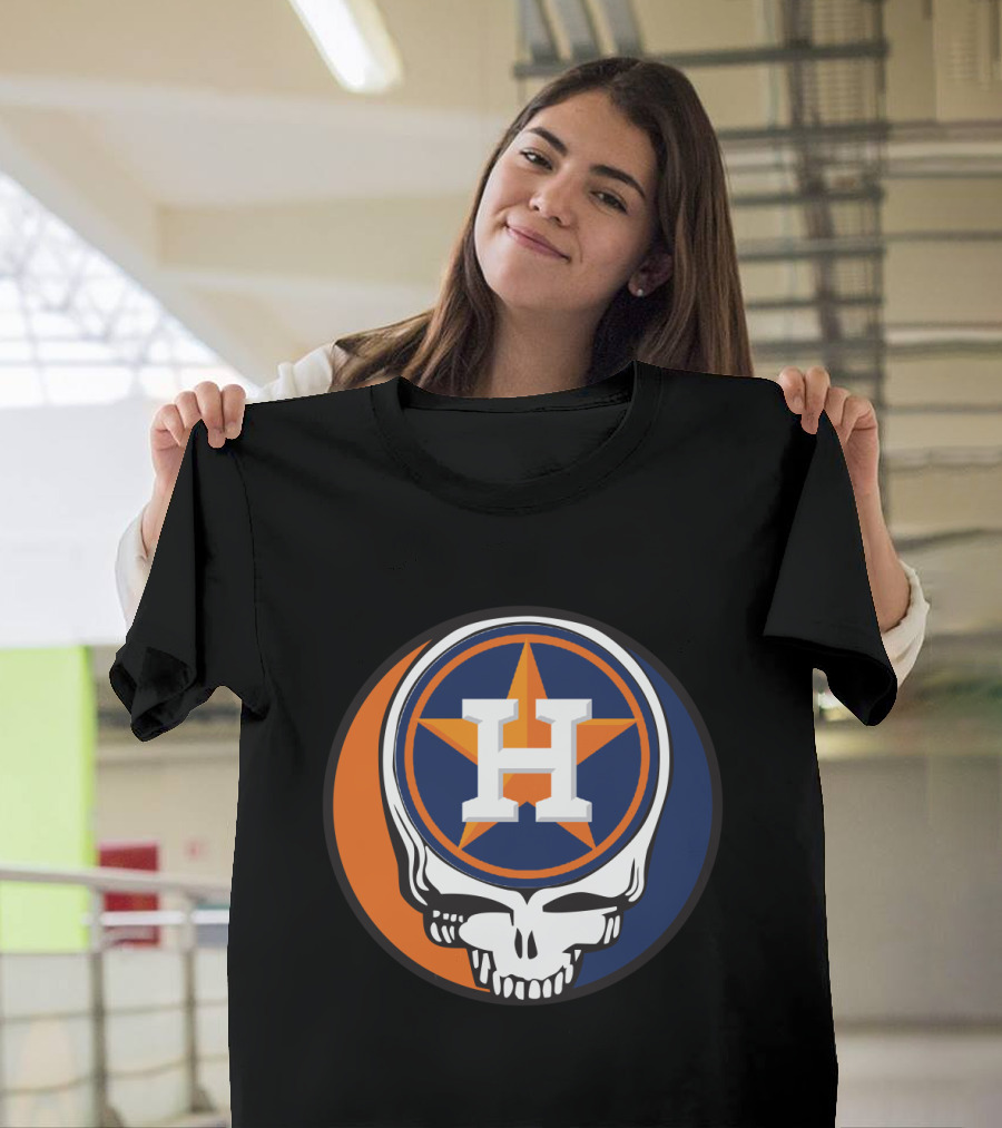 Grateful Dead Skull With Houston Astros Logo And Star In Orange And Blue T-Shirt