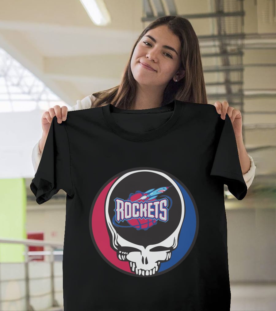 Grateful Dead Skull With Houston Rockets Basketball Logo And Blue Red Circle T-Shirt