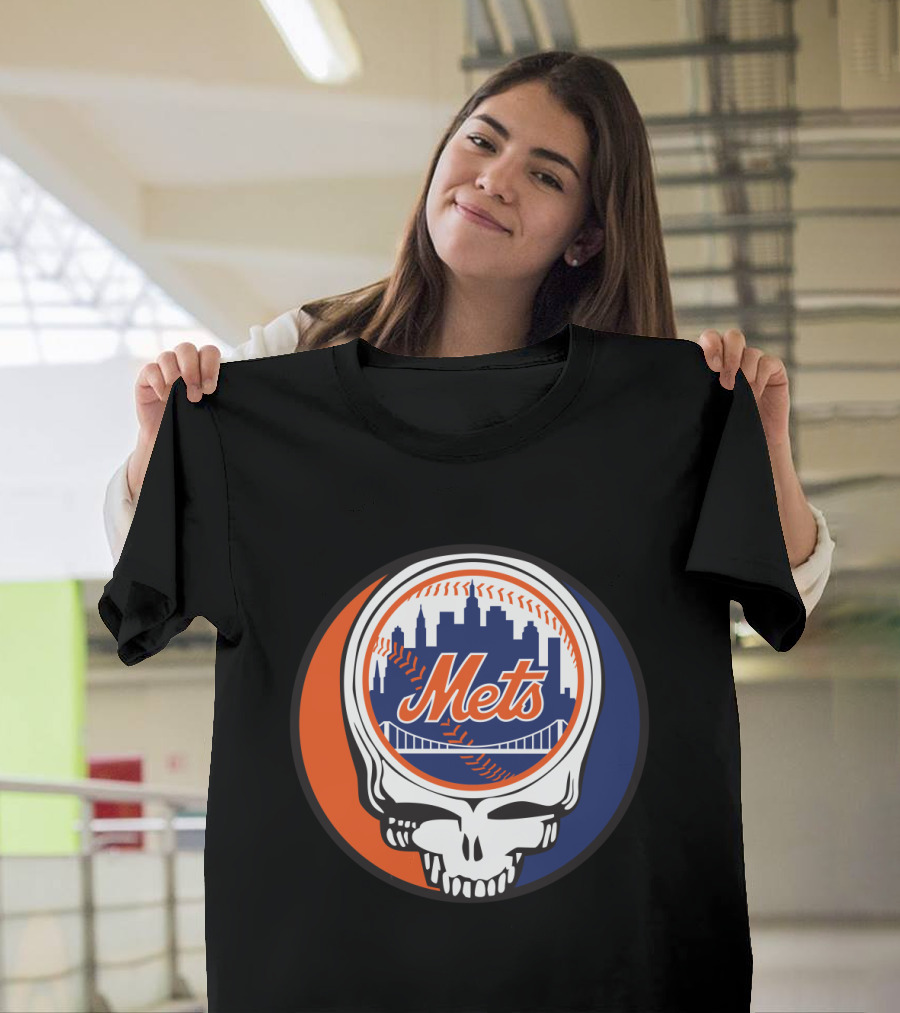 Skull Logo Blending New York Mets Skyline with Grateful Dead T-Shirt