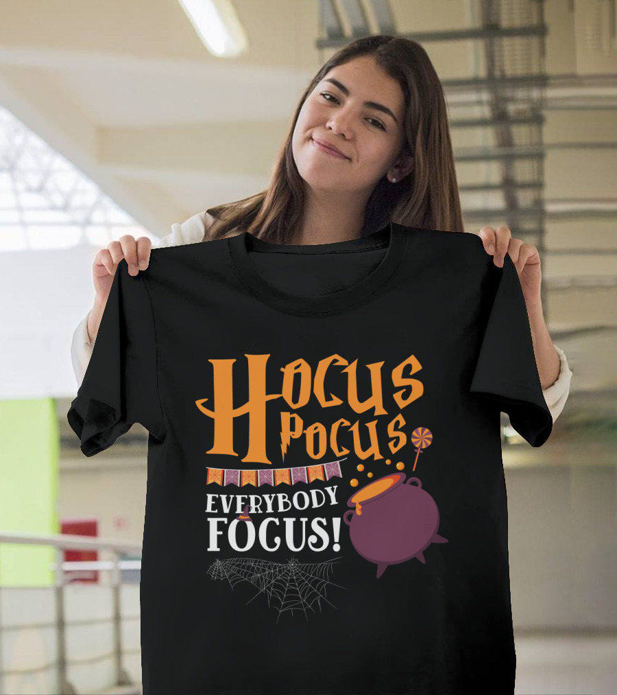 Hocus Pocus Everybody Focus Cauldron Banner Lollipop Spiderweb Halloween T-Shirt