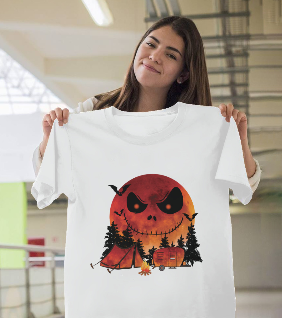 Jack Skellington Halloween Camping Under Blood Moon With Tent And Camper T-Shirt