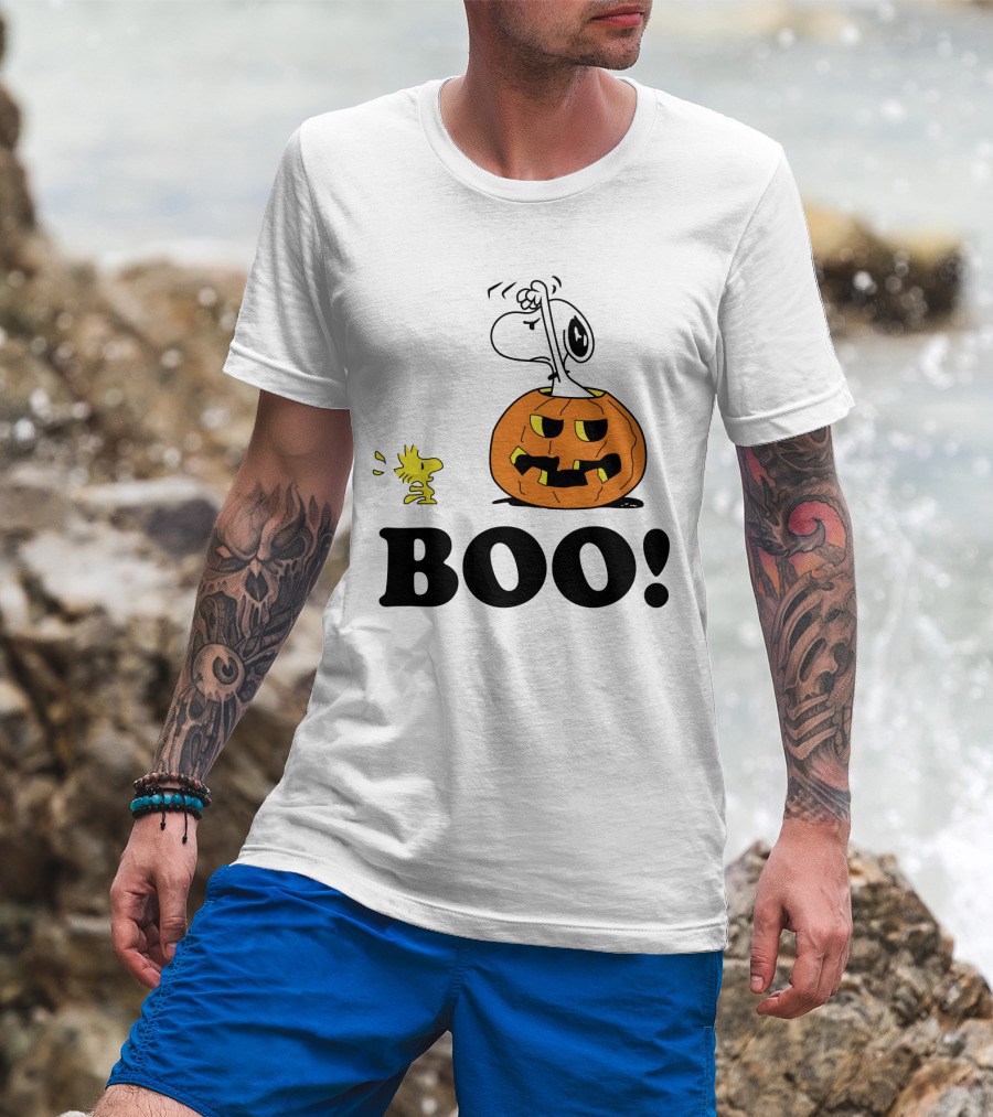 Peanuts Halloween Snoopy And Woodstock In Pumpkin BOO T-Shirt