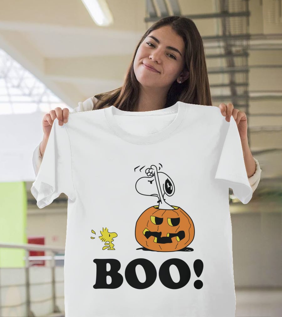 Peanuts Halloween Snoopy And Woodstock In Pumpkin BOO T-Shirt
