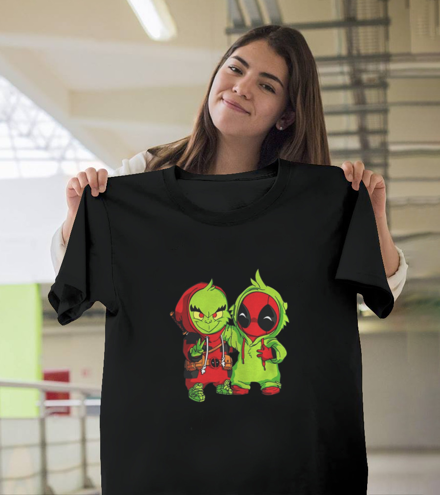 Baby Grinch And Baby Deadpool Crossover Cartoon Characters T-Shirt