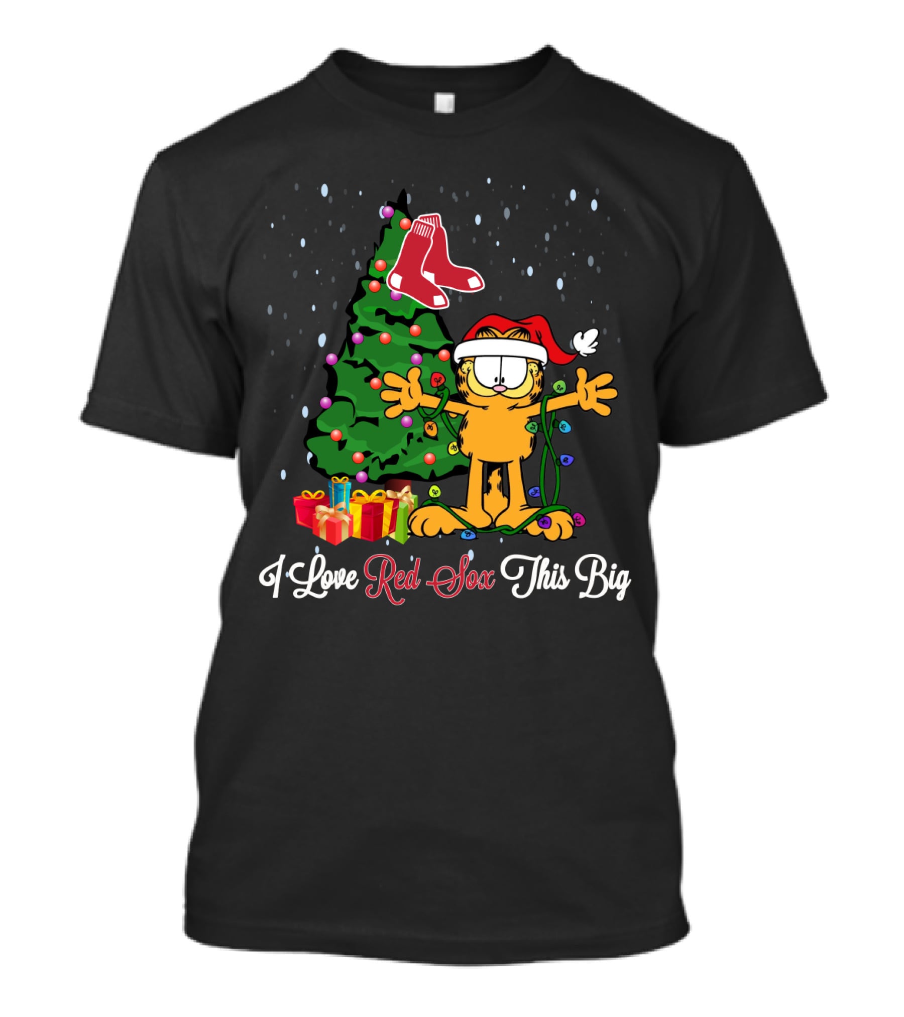 I Love Boston Red Sox This Big Christmas Garfield Santa Hat Tree T-Shirt