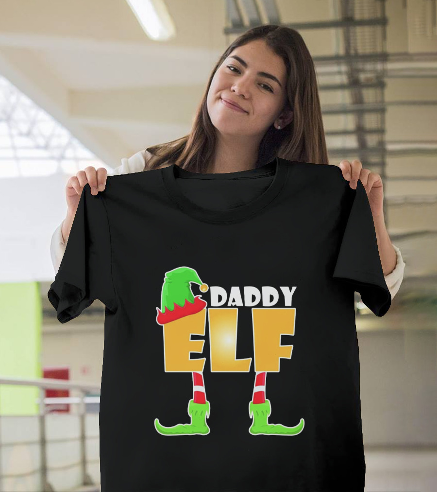 Daddy Elf Christmas Holiday Design with Green Hat and Striped Socks T-Shirt