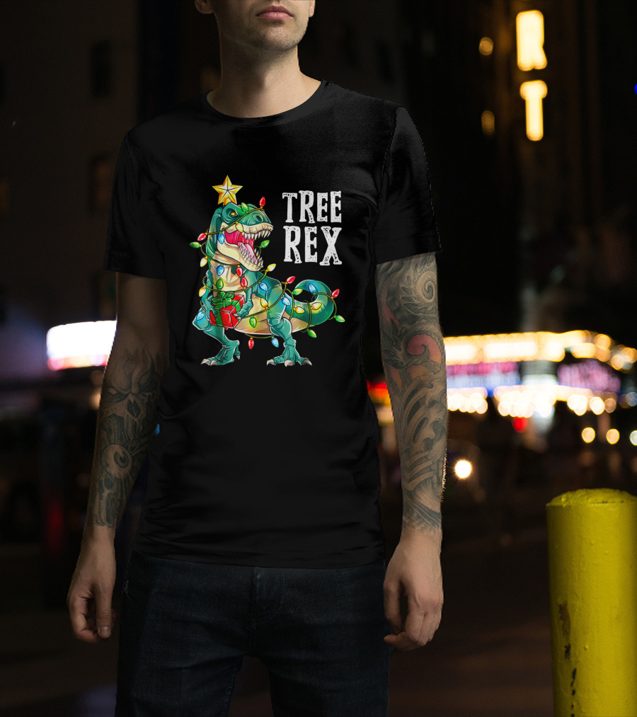 Tree Rex Dinosaur Christmas Lights With Gift And Star T-Shirt